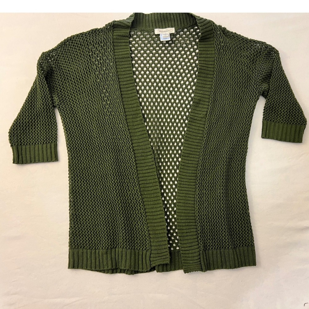 Dressbarn Womens Small Olive Green Crochet Open Front Knit Cardigan Sweater USA